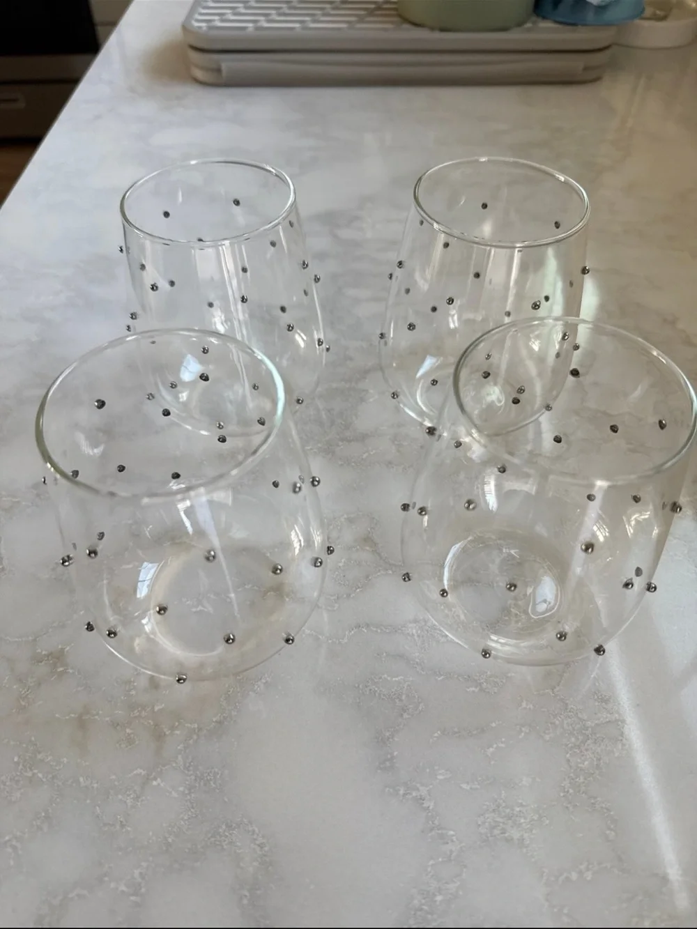 Pottery Barn Clear Stemless Glass with Black Dot Accents